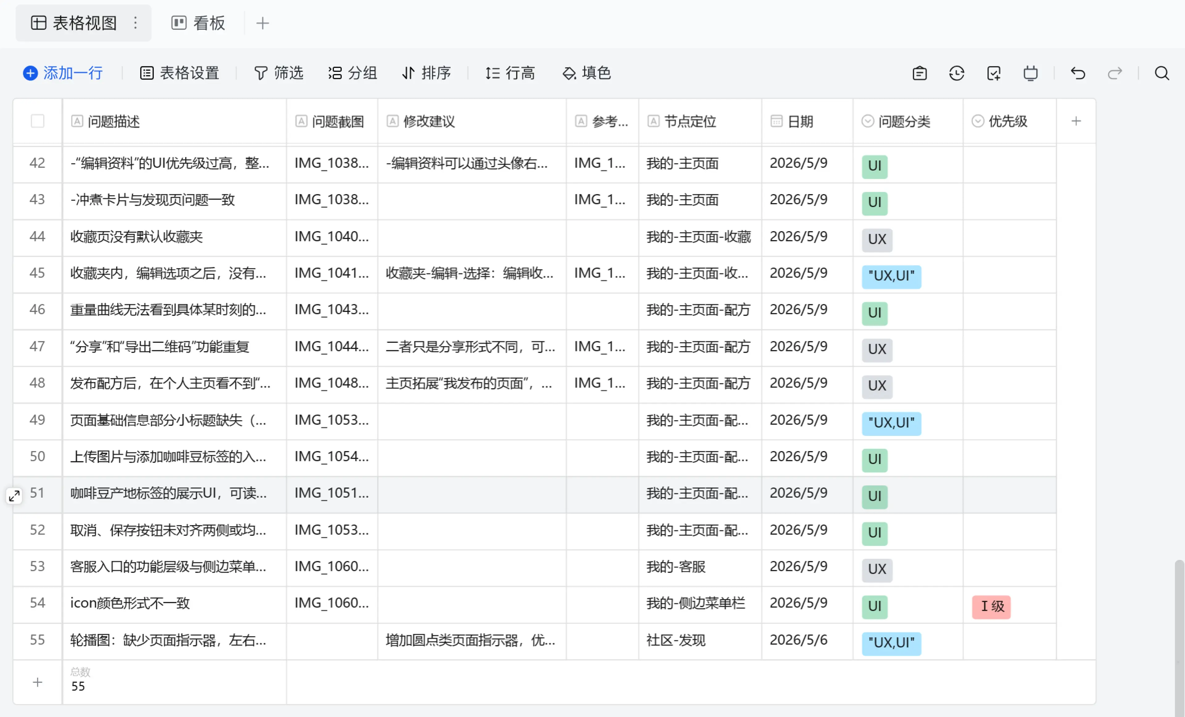 55 条体验审查记录的表格截图