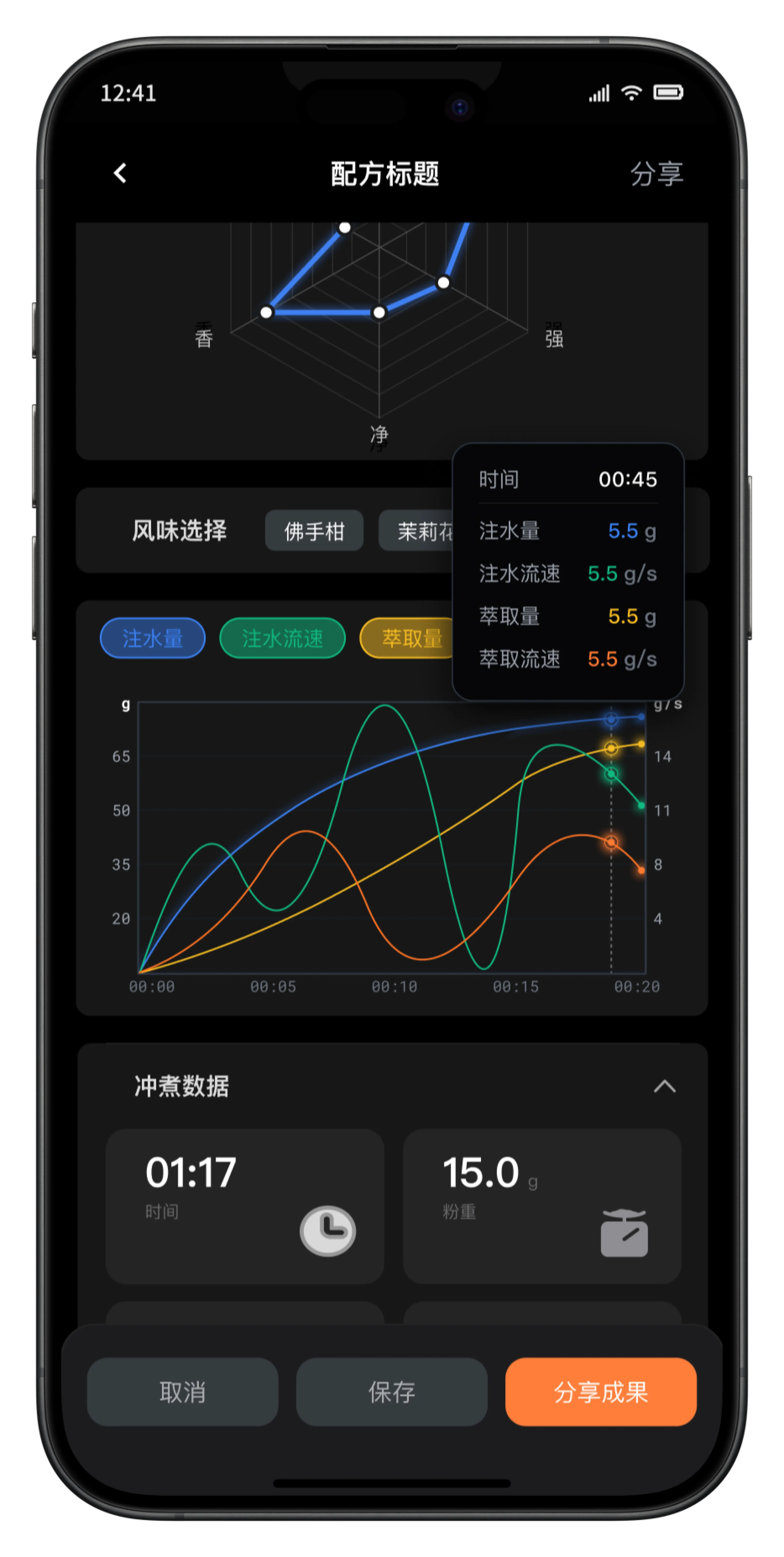 包含标签切换与曲线悬浮数据面板的配方界面