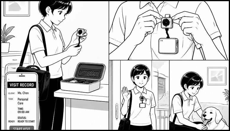 护理师上门服务前检查并佩戴胸前摄像头