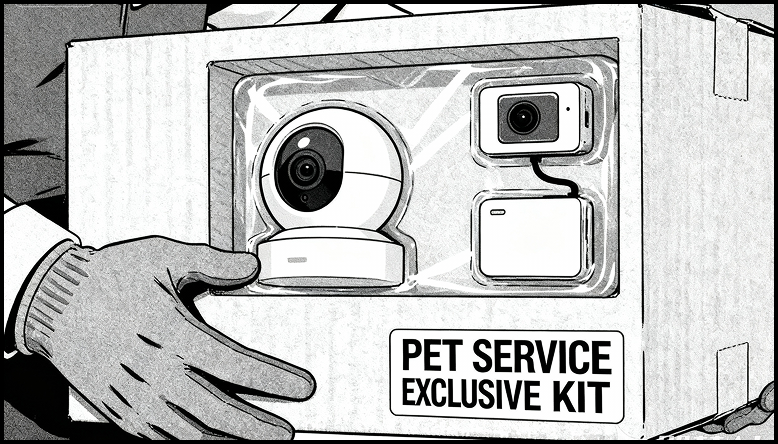 PetaLife 宠物服务专属设备套装，包含家用固定摄像头和护理师佩戴摄像头