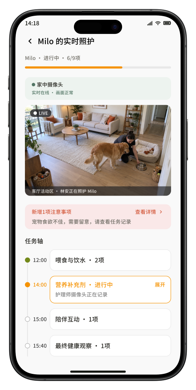 宠物主人通过家中固定摄像头远程查看 Milo 的实时照护情况